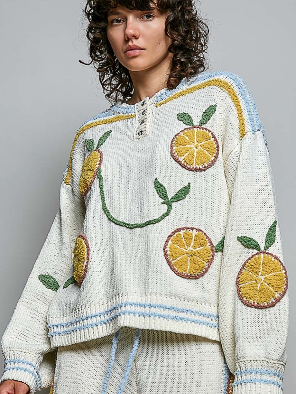 POL Lemon Embroidered Stripes Chenille Button Long Sleeve Sweater Top